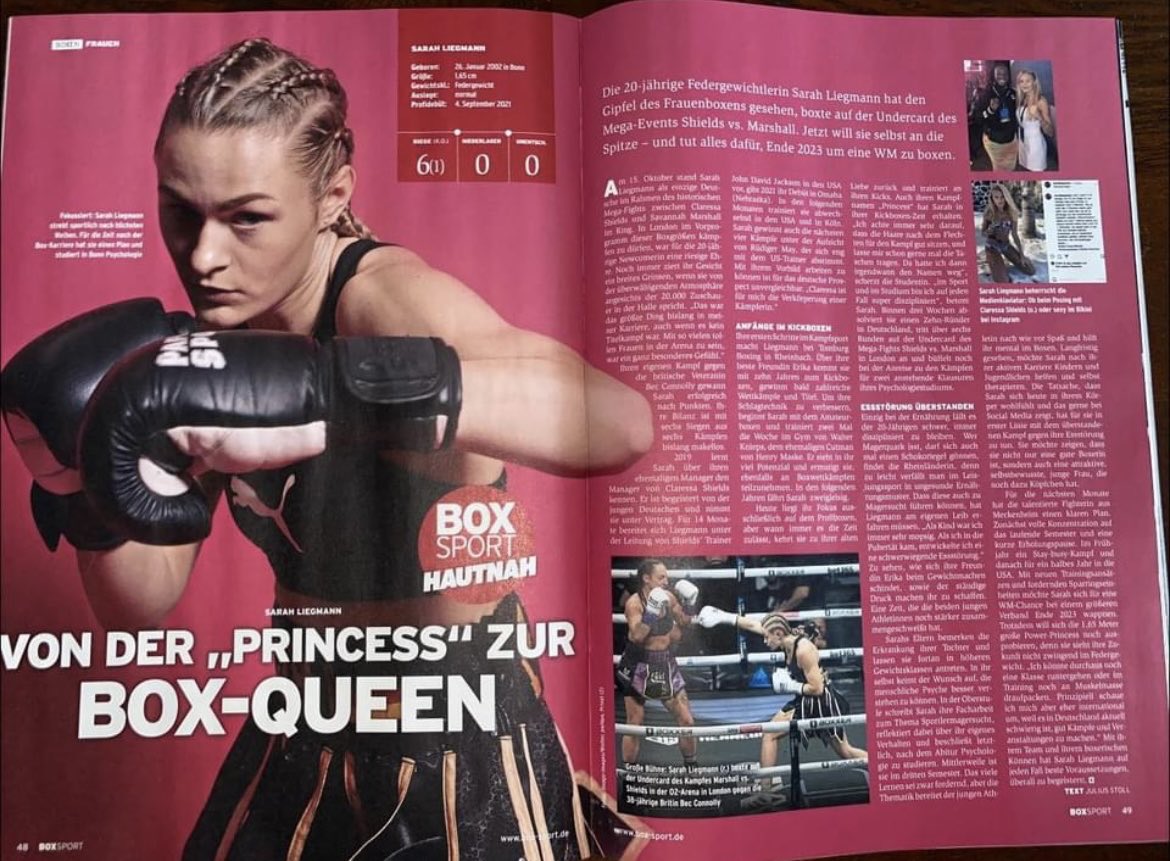 MarkTaffetMedia's tweet photo. What an honor for 20-yr-young ⁦@SarahLiegmann⁩ (6-0) — Two pages in BOXSPORT Magazine - Biggest boxing newspaper in Germany since 1920!! 🥊🔥🥊💥 ⁦@SalitaProm⁩ @boxxer #Boxing https://t.co/9Y1ki9Bazv