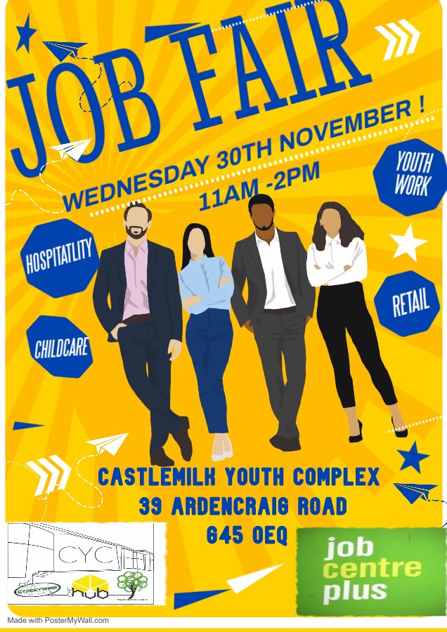 Open to everyone adults and young people 
We are hosting a jobs fair alongside Castlemilk job centre 
Wednesday 30th November 🗓
Drop in between 11am -2pm 🕰 
With lots of organisations offering great jobs in various industries such as:
Hospitality 
Youth work
Childcare 
And more