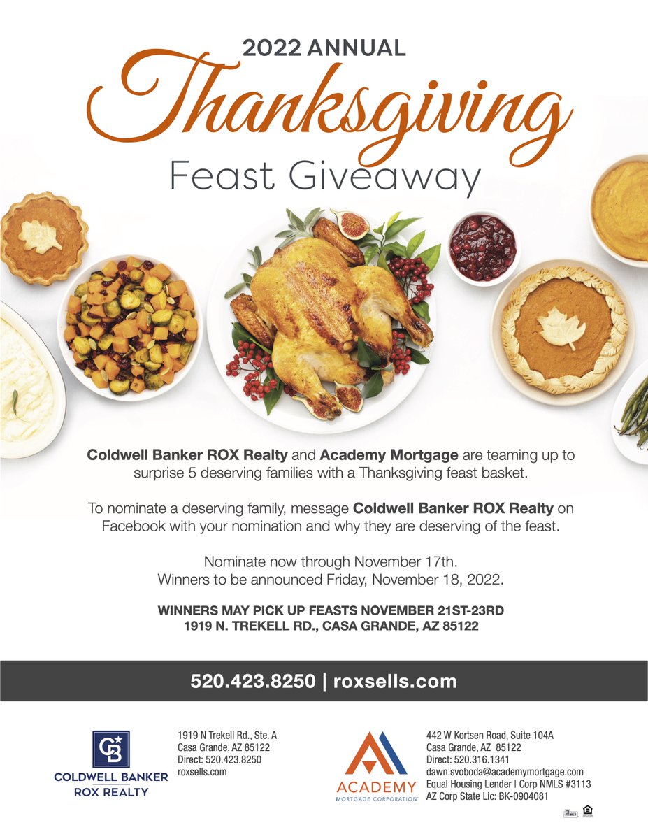 roxsellsaz's tweet photo. It's time for our annual Thanksgiving Feast Giveaway! Submit your nominations today via Messenger through November 17th! Additional details are below.
#thanksgivingfeastgiveaway #thanksgiving #coldwellbankerroxrealty #academymortgage #roxmedia #roxtalk https://t.co/EwwRk9R0pa