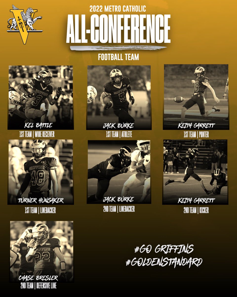 Congratulations to these 5 young men on being named to the Metro Catholic All Conference Football Team. Proud of all your hard work and commitment. This wouldn’t have happened without their teammates and support from our community. Congrats to all! #TheGoldenStandard