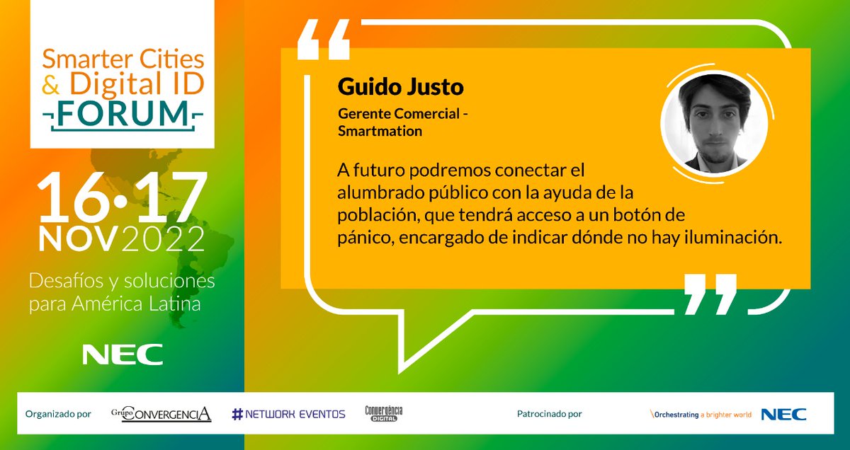 nec_colombia's tweet photo. #Alumbradopúblico del #futuro, en el panel "Gestión de Luminarias: Eficiencia energética, Impacto Social y Ahorro Energético" by @Guido Justo, Gerente Comercial de @smartmation  #SmarterDigitalIDForum 
👉Revive el panel https://t.co/kldJiQT0fh 
#SmartCity #NEC #Energia #Argentina https://t.co/He2gfdLzNO