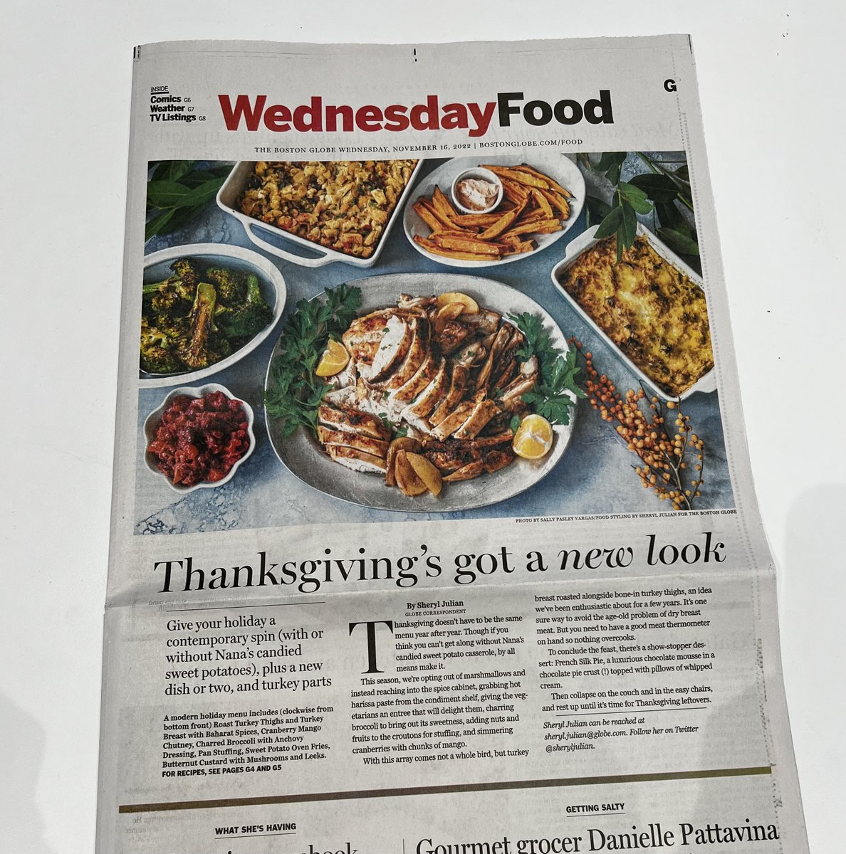 morrisglobe's tweet photo. It's a good day to grab a print copy of @BostonGlobe. The Food section's Thanksgiving menu will get you excited for next week, but I'm grateful for @julian_sheryl and all of our incredible recipe contributors all year long. https://t.co/xszqE6pVph