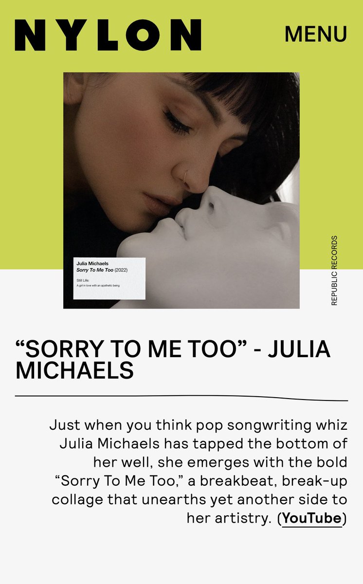 JMichaelsHQ's tweet photo. Julia’s #SorryToMeToo is featured in this week’s @NylonMag’s Soundcheck! https://t.co/PARJoi0zqS