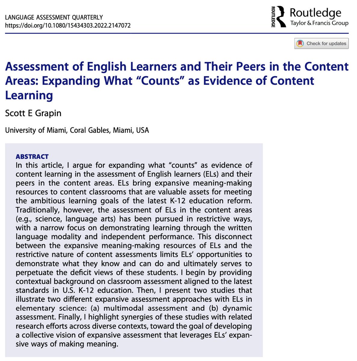Scott Grapin (@grapinscott) on Twitter photo How can we develop EXPANSIVE content assessments that capture ELs'/MLs' EXPANSIVE ways of making meaning? Building on the work of <a href="/AscenziMoreno/">Laura Ascenzi-Moreno</a> <a href="/jlschissel/">jamie l. schissel</a> <a href="/GuzmanOrth/">Dr. Danielle Guzman-Orth</a> <a href="/lorenallosa/">Lorena Llosa</a> @SireciSteve <a href="/ElanaShohamy/">Elana Shohamy</a> <a href="/catagailey/">Caitlin Fine, PhD</a> and many others! How can we develop EXPANSIVE content assessments that capture ELs'/MLs' EXPANSIVE ways of making meaning? Building on the work of <a href="/AscenziMoreno/">Laura Ascenzi-Moreno</a> <a href="/jlschissel/">jamie l. schissel</a> <a href="/GuzmanOrth/">Dr. Danielle Guzman-Orth</a> <a href="/lorenallosa/">Lorena Llosa</a> @SireciSteve <a href="/ElanaShohamy/">Elana Shohamy</a> <a href="/catagailey/">Caitlin Fine, PhD</a> and many others!