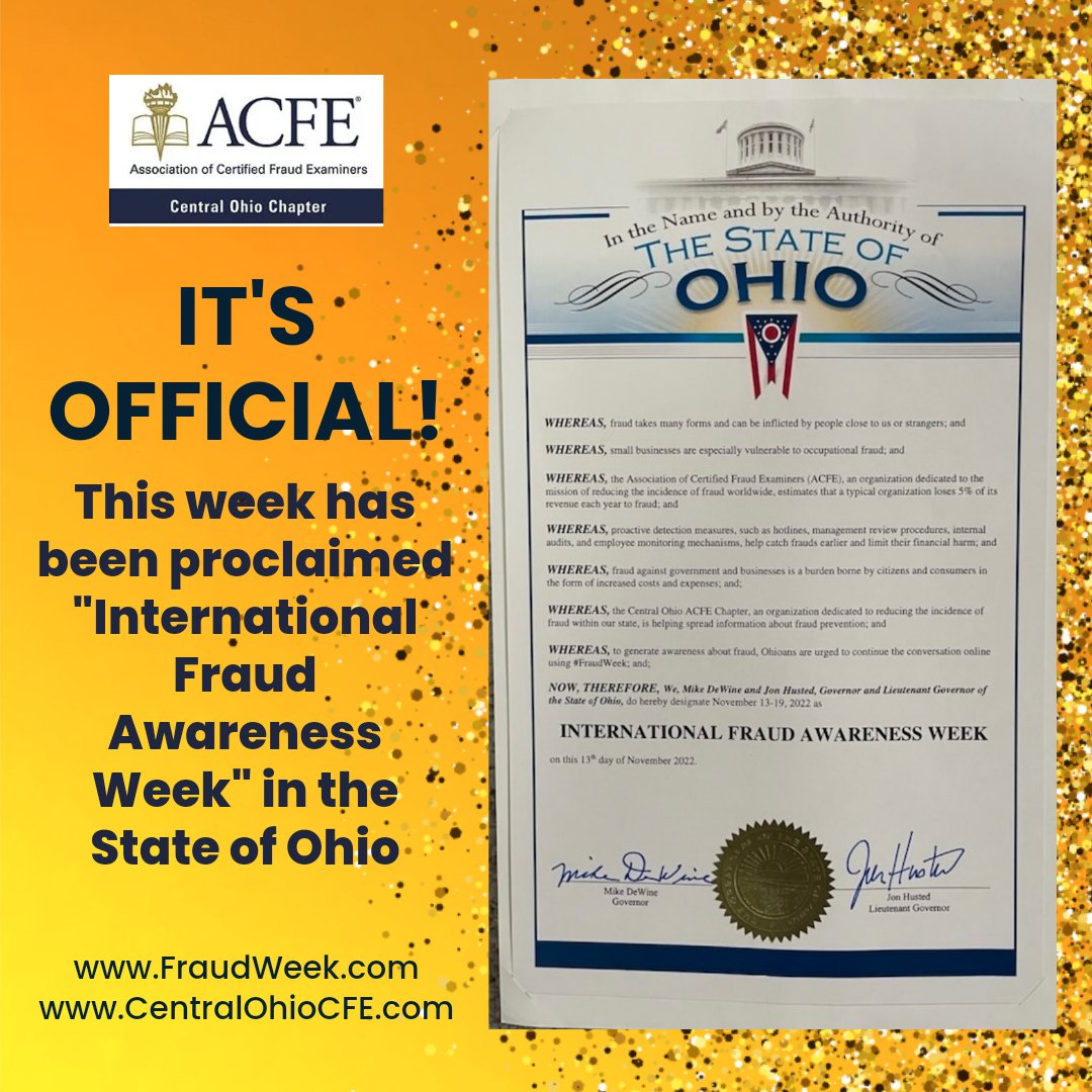 Taking things to the next level with this proclamation! Your to-do list:
1) Join our chapter (centralohiocfe.com) and come to events that feature the latest and greatest topics in fraud detection and deterrence