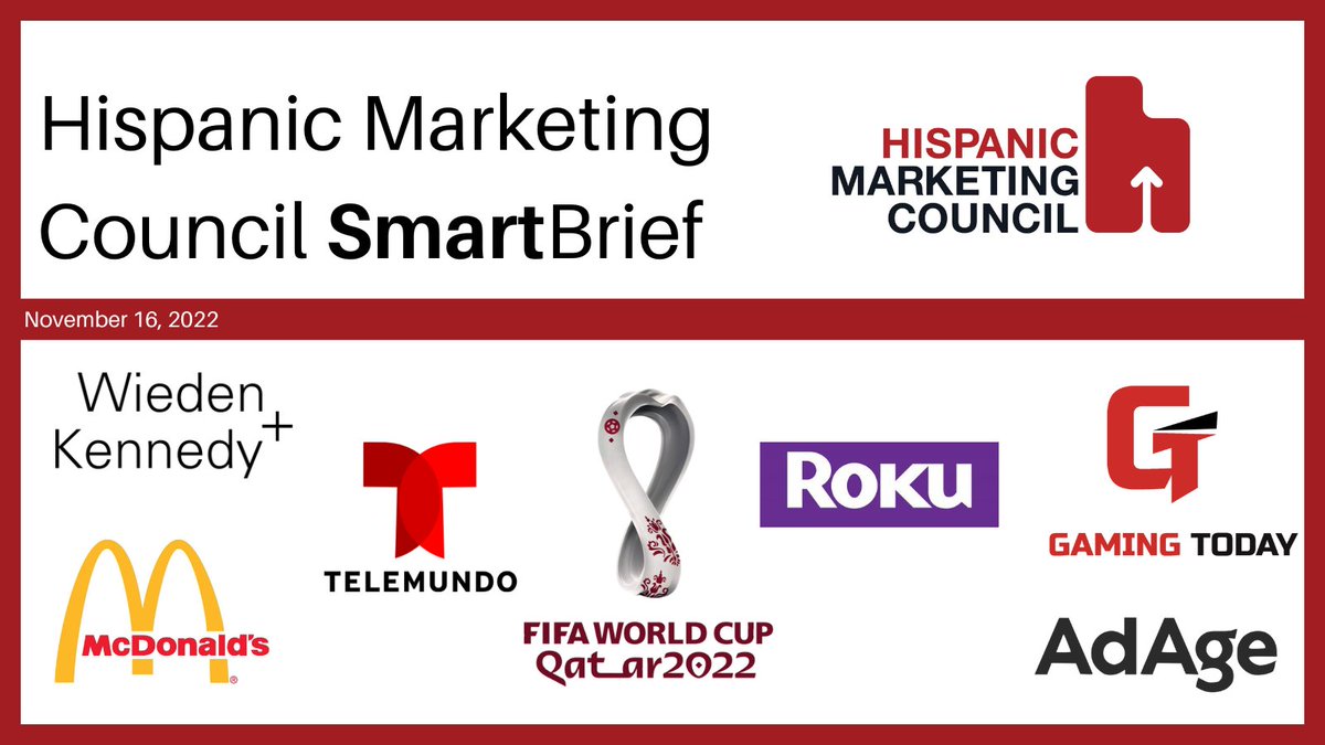 hmchispanic's tweet photo. Today's #SmartBrief features a lot of buzz around the @FIFAWorldCup with a #brand roundup on @adage, @WiedenKennedy's @McDonalds campaign, news from @Roku &amp; @Telemundo &amp; the latest on #Hispanic #gaming in @GamingTodayNews https://t.co/qztXosNpK3 https://t.co/fcWT6PHWbj