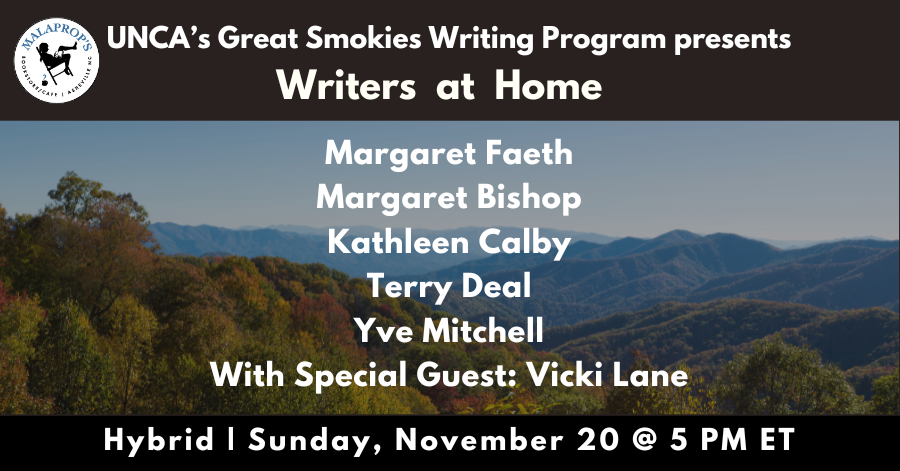 great_smokies's tweet image. Join us this Sunday, 11/20 at 5pm for our final Writers at Home of Fall 2022! We&apos;ll be in-person at @Malaprops but the event will be available to stream as well. Come out to celebrate the Review and retiring instructor Vicki Lane! RSVP on Malaprop&apos;s site: malaprops.com/event/hybrid-w…