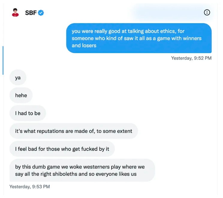 ZeeshanAleem's tweet photo. Holy shit, in which Sam Bankman-Fried admits that his effective altruism bit was "mostly a front"

https://t.co/jOtxo0VjZB https://t.co/K2TazgQHOl