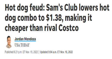 Barchart's tweet image. Costco $COST is no longer the king of cheap hot dogs.  Sam's Club (owned by Walmart $WMT), announced that it was lowering the price of its hog dog combo to $1.38, 12 cents cheaper than Costco.

Can Costco overcome this?