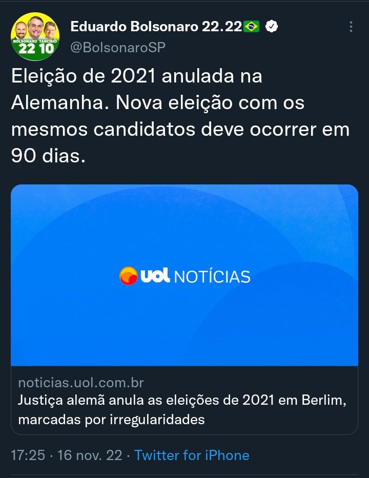 A nova do Bananinha é divulgar que anularam Eleições de 2021 em Berlim. Aí você lê a matéria e descobre que:

- a votação é em cédula
- Berlim foi parcialmente paralisada por uma maratona e muitos eleitores reclamaram que não puderam votar
- a eleição anulada foi pro legislativo