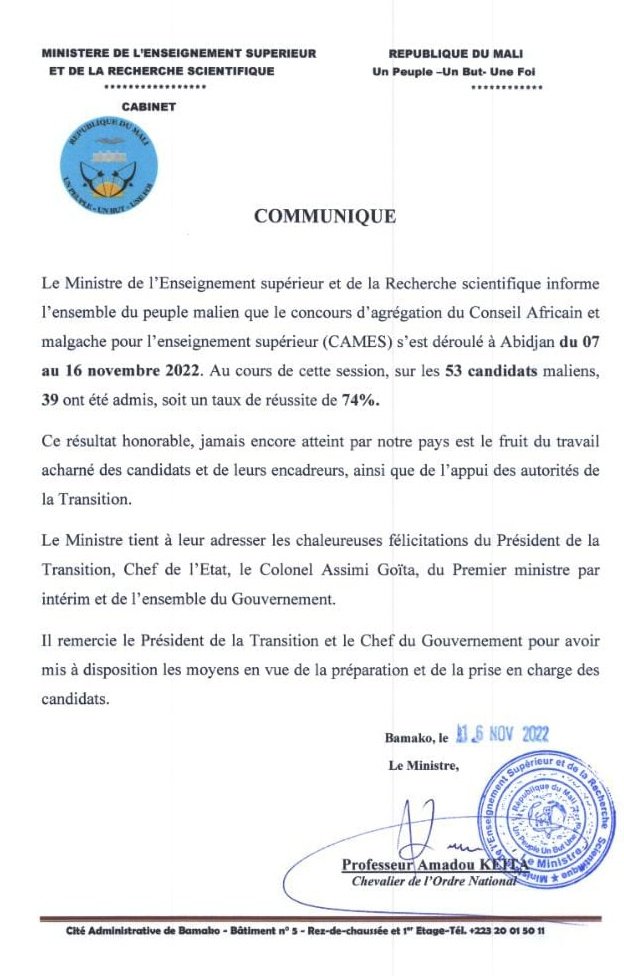 MESRS_Mali_Gouv's tweet photo. Le ministre de l'Enseignement supérieur et de la Recherche scientifique salue les résultats honorables des candidats maliens au concours d'agrégation du CAMES.
Le message de félicitation des autorités maliennes à lire ci-dessous. ⬇️⬇️ https://t.co/YBY7sx5FPr