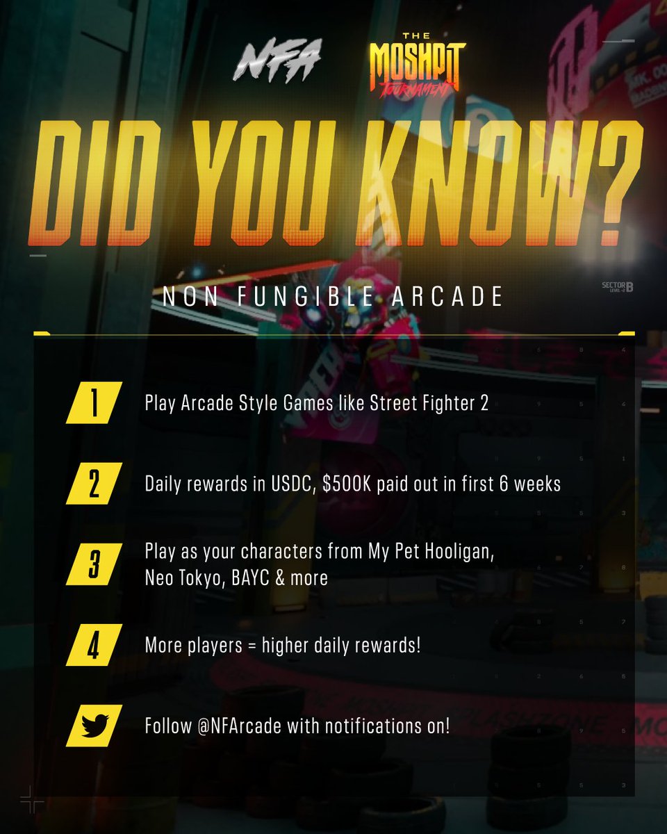 𝗗𝗜𝗗 𝗬𝗢𝗨 𝗞𝗡𝗢𝗪: <a href="/NFArcade/">Non Fungible Arcade</a> 🎮
 
Bringing the heat with NFA, our Gold Tier Partner.
 
Learn more about their project 👇

#MoshpitTournament🏆