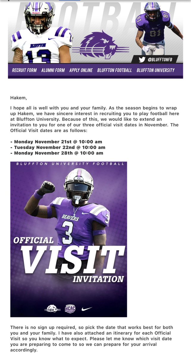 HodgesHakem's tweet photo. I would like to thank @keegan_linwood @blufftonfb the opportunity to visit your school and sports facility. Look forward to meeting you and the coaching staff. @niketaq @DutchtownFB1 @CoachWesley22 @_Coach_O https://t.co/lUo25sw79q