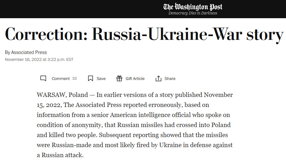 zerohedge's tweet image. Thank you AP, for correcting a story that nearly launched WW3. Now maybe you can also name the "senior American intelligence official who spoke on condition of anonymity" and who may have had ulterior motives in bringing the world to the edge of nuclear war