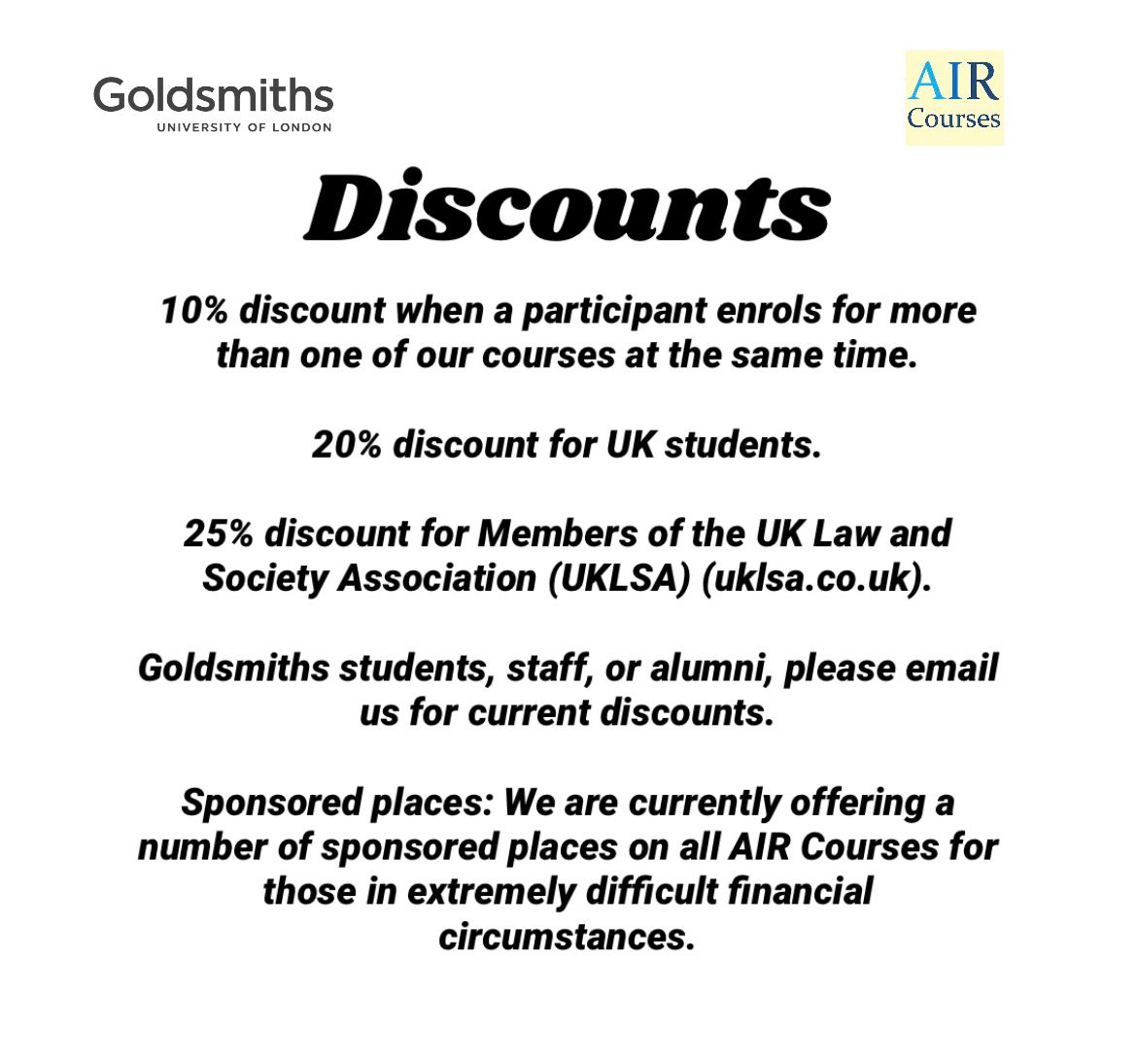 AIR_Courses's tweet photo. Did you know we offer discounts on our courses? Find out more here https://t.co/gbzPtm9AEt

#discounts #goldsmiths #university #courses #shortcourses #psychology #genetics #law #publicspeaking #onlinecourses #londoncourses https://t.co/tpQ4BOvbAZ