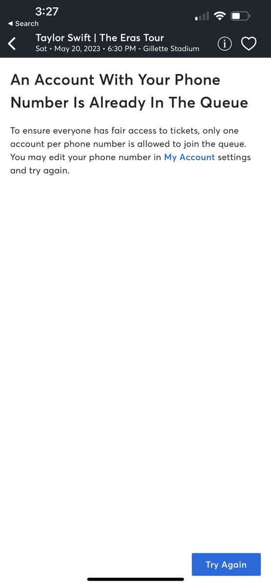 melanie86044's tweet photo. Got kicked out and now it won’t let me back in bc it thinks I’m still in the queue. Tried multiple times.  Now apparently there are no shows. thanks @Ticketmaster @TMFanSupport #TaylorSwift #TaylorSwiftErasTour https://t.co/CTWeNdYUkz
