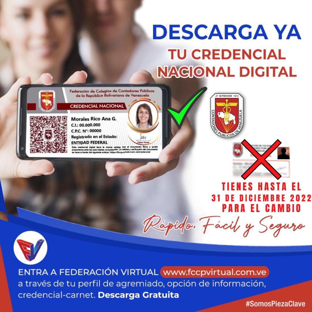 FccpvOficial's tweet photo. 🚨🆔 🆕 La Nueva Credencial Nacional Digital nos coloca a la vanguardia en instrumentos digitales de verificación de identidad gremial en Latinoamerica.
 
📍 Tienes hasta el 31 de Diciembre de 2022 para hacer el cambio.
 
📍 Ingresa a https://t.co/0AKhhNzSwn  y descárgala 🆓. https://t.co/RNJUYdNPgc