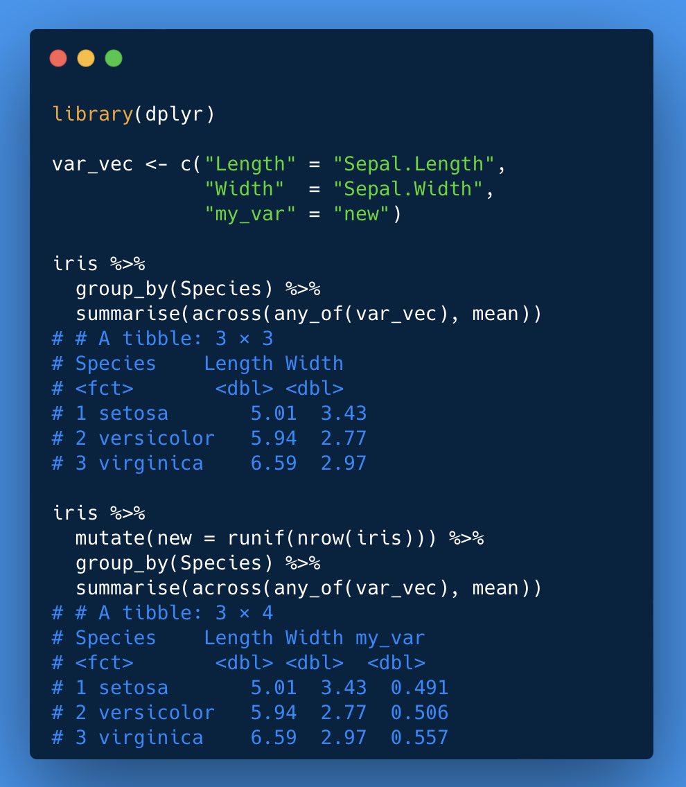 I was playing around with #RStats `tidyselect::any_of()` and realized that it lets us not only select variables which might or might not exist in the data, `any_of()` allows us also to rename the variables on the fly by using a named vector 😎
