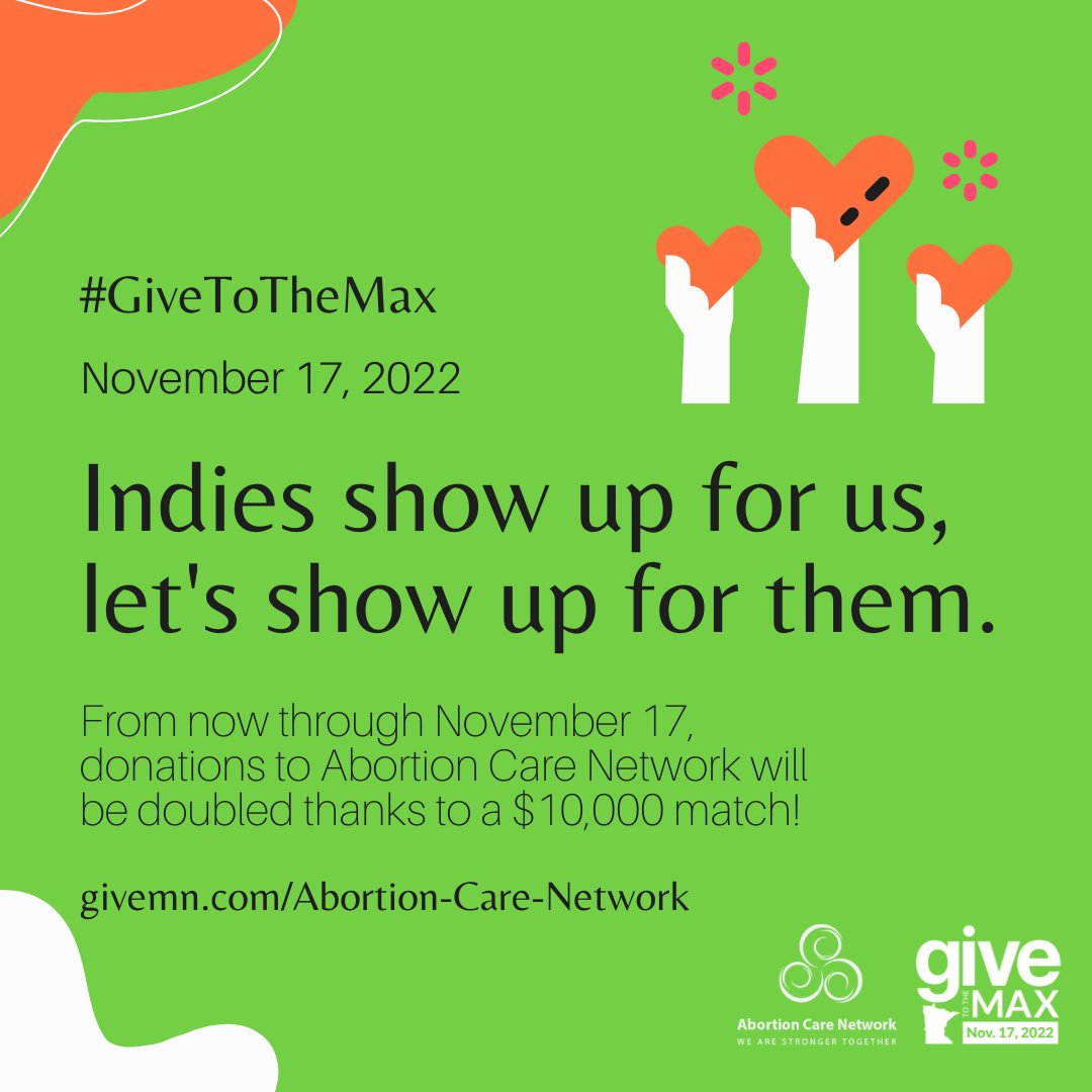 We’ve said it once…we’ll say it a thousand times:
We LOVE indie abortion clinics and we are committed to supporting them. 

Help us keep doing that by donating to us for #givetothemax day! Up until tomorrow all donations will be doubled.
givemn.com/Abortion-Care-…