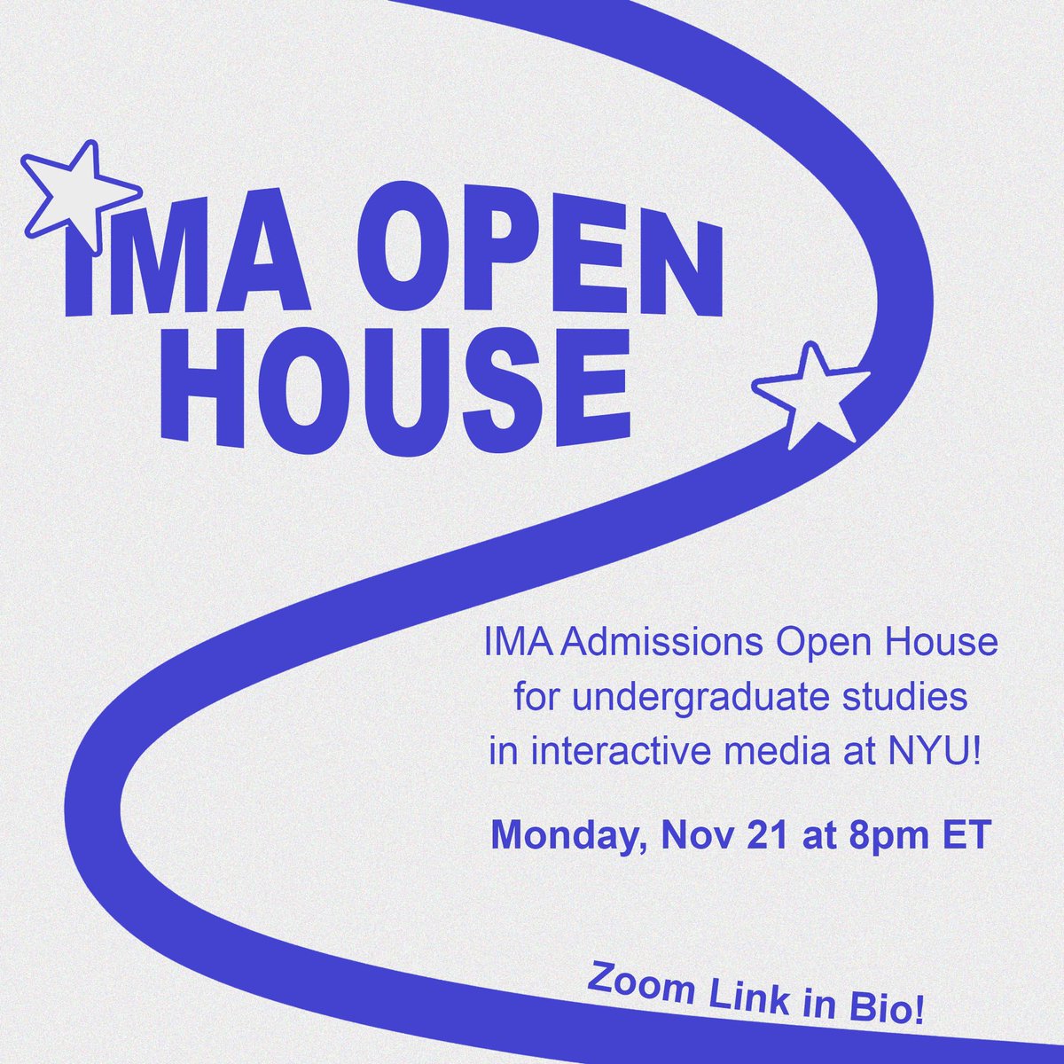 Our next IMA Open House is scheduled for November 21, 2022 8:00PM (Eastern Time). The open house will be hosted on Zoom. Registration is required (link in bio). 

Come learn all about the NYU Interactive Media Arts program. 

#nyu #nyutisch #interactivemedia #undergraduate