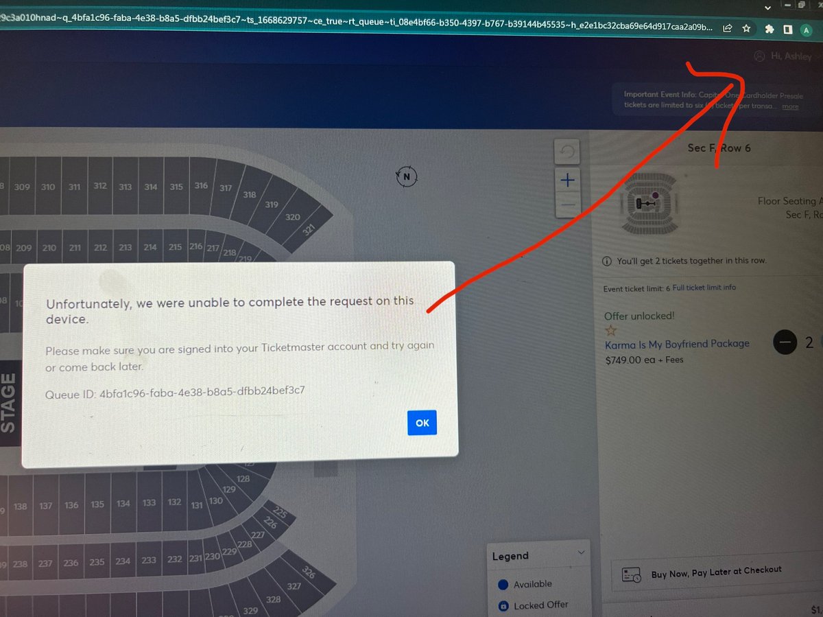 ashbeee03's tweet photo. it’s me, hi i am actually signed in 😅 @Ticketmaster @taylornation13 #ErasTour #Nashville https://t.co/6BwLQiosuD