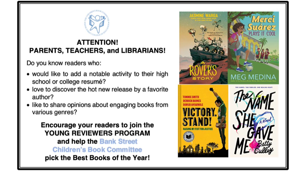 Parents, teachers, and librarians encourage your readers to join the Bank Street Young Reviewers Program.
bankstreet.edu/library/center… #youngreviewers #BankStreetLibrary #BankStreet #kidlit #BankStreetCCL #BankStreetCBC #bestbooksoftheyear @bankstreetedu