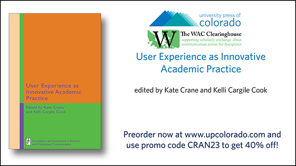 KelliCC's tweet photo. My latest collection User Experience as Innovative Academic Practice, co-edited with Kate Crane, is now available for pre-order. Use the code below for 40% discount. https://t.co/Ee4oY42XcN