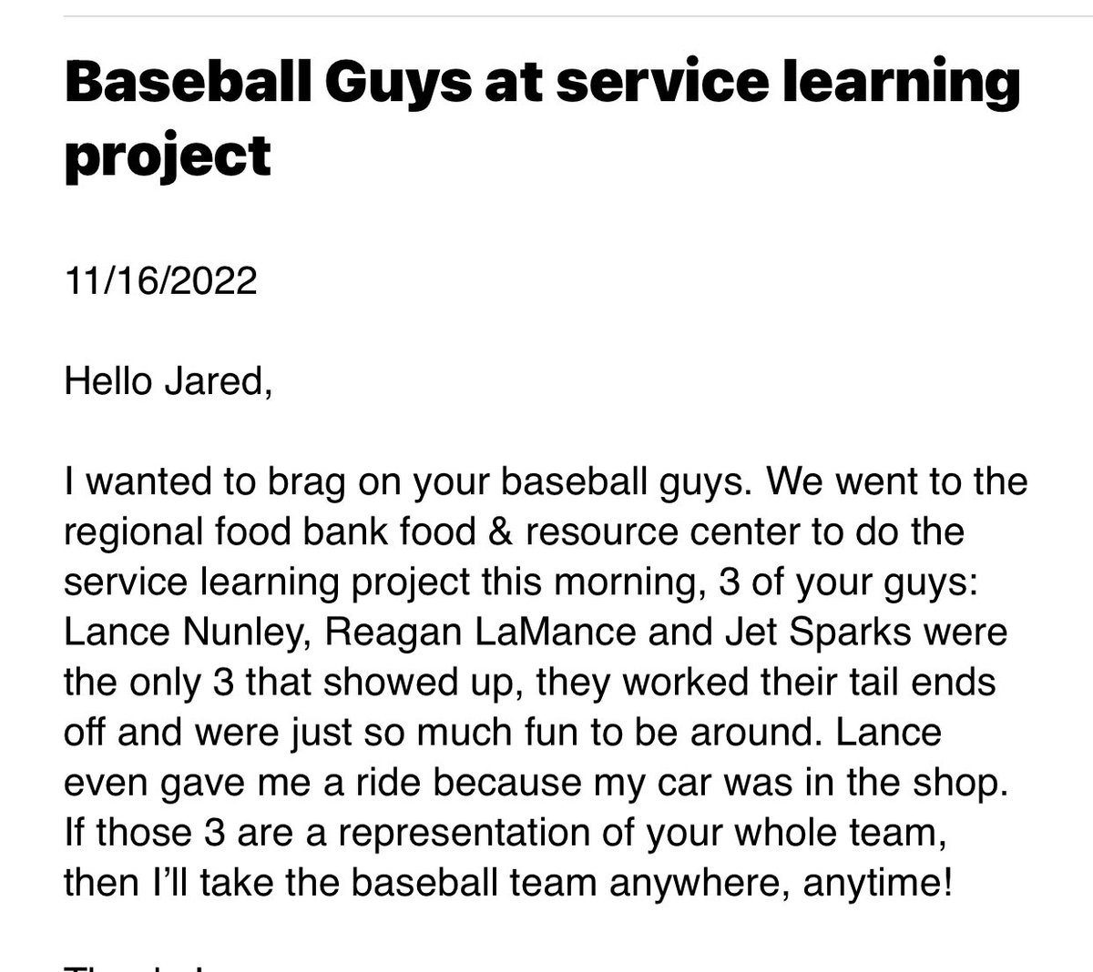 When I took over the Randall University baseball program I set goals; But my #1 priority was to set standards for the program and build the team character. Getting these types of emails never gets old. This is what it’s about. #SaintsNation #togetherwewin #randallboys