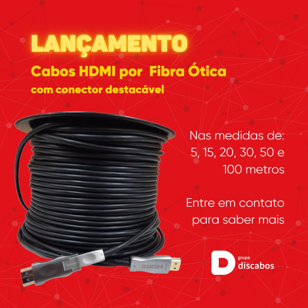 discabos's tweet photo. O cabo HDMI de fibra ótica mantém alta qualidade, resolução de imagem, levando o sinal a distancias maiores do que um cabo HDMI comum. Opção de conector destacável, o que facilita muito a passagem  do cabo pelo conduíte.

#cabohdmi #cabohdmiotico #4k #discabos #muitomaisquecabos https://t.co/XuebSi7Iue