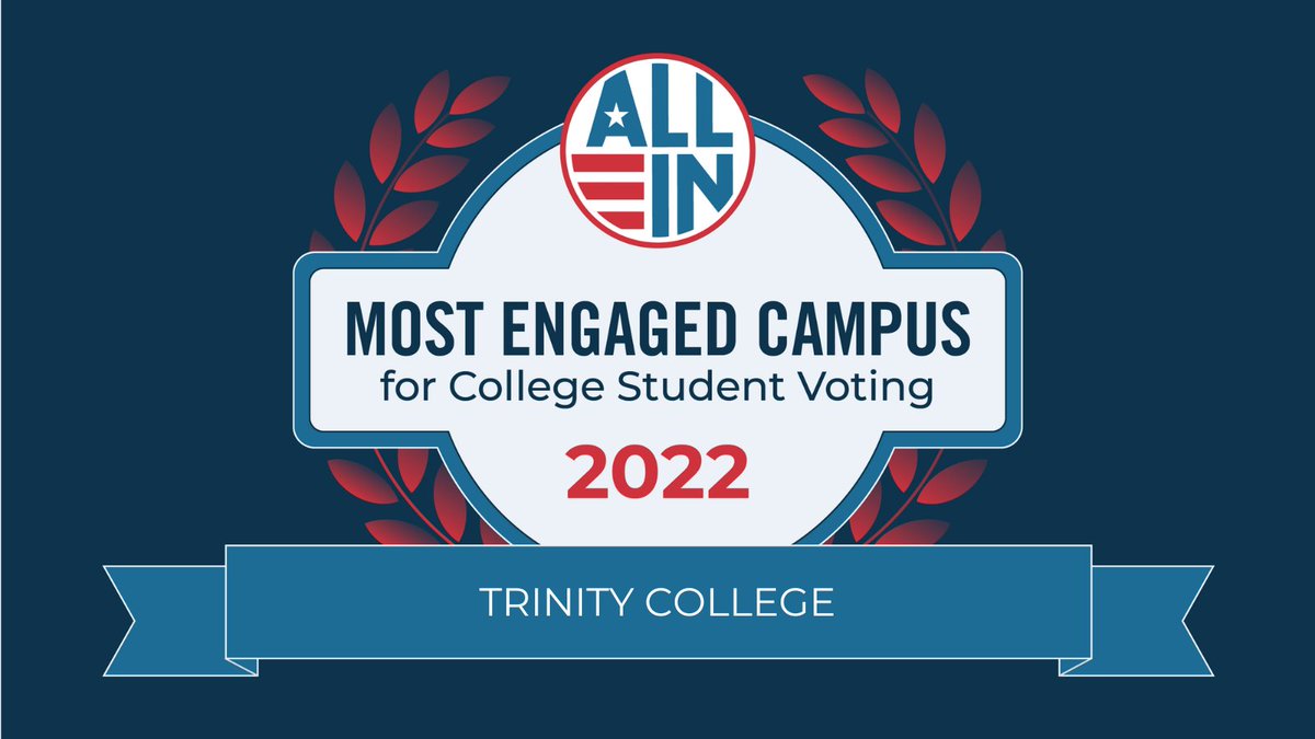 We’re proud to announce that #TrinColl was recognized for excellence in nonpartisan democratic engagement as a recipient of @allintovote’s Most Engaged Campus for College Student Voting! 🗳️

👉 Check it out: bit.ly/3EDxWNu

#TrinProud 💙💛 #AllInAwards #TrinVotes