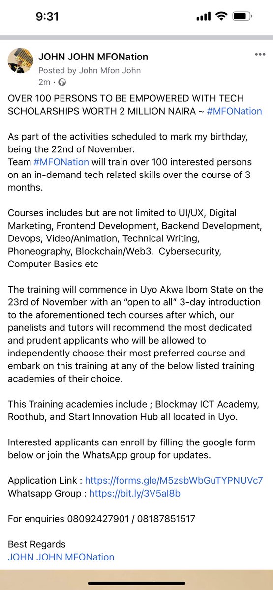 johnjohnmfon's tweet photo. OVER 100 PERSONS TO BE EMPOWERED WITH TECH SCHOLARSHIPS WORTH 2 MILLION NAIRA ~ #MFONation
Application Link : https://t.co/dzztnBBloT
Whatsapp Group : https://t.co/zsste2zlvv
For enquiries 08092427901 / 08187851517 https://t.co/loO7CjrMY7