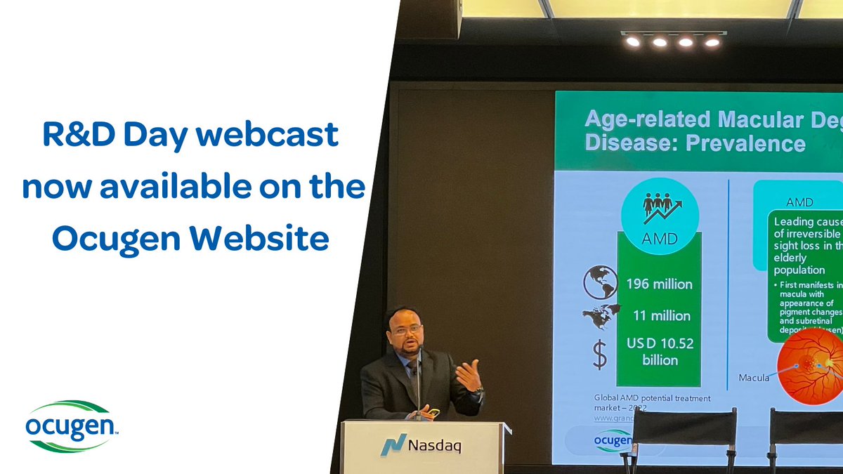 Ocugen's tweet photo. Would you like to learn more about the topics we covered at our 2022 R&D Day in NYC? Take a look at our webcast highlighting $OCGN vaccines and modifier gene therapy platform for #retinaldiseases at
https://t.co/h98EuNVt7K #RandDday #EyeHealth #vaccines https://t.co/KOM66NT7Jh