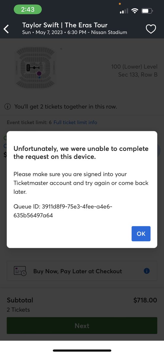 lizzielaster's tweet photo. @taylorswift13 @TMFanSupport @CapitalOne  WHAT THE HECK YALL???  Every single time. Then you kicked me out into the queue.. I’m fuming!! How do I explain to my 6 year old TM is the reason she can’t go, that mommy had seats but it kept erroring out??? https://t.co/GRJg8kBrAF