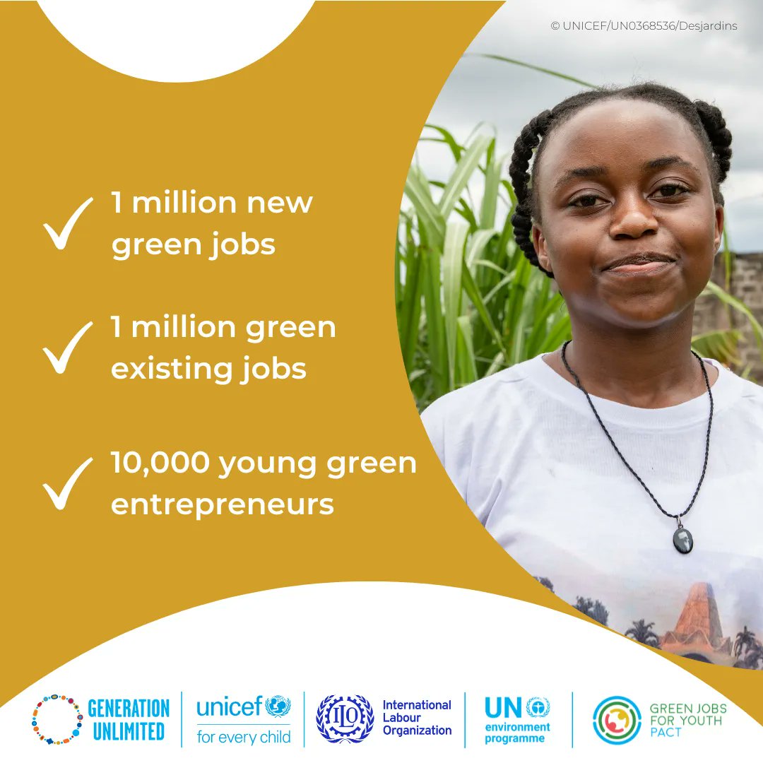 UNEP's tweet photo. The #GreenJobsforYouth Pact was launched at #COP27 on Wednesday by UNEP, @ilo &amp; @unicef's @genunlimited_ as a way to help unlock green skills and opportunities for youth. https://t.co/NfEfnNCUBa https://t.co/aUwEYCozSN