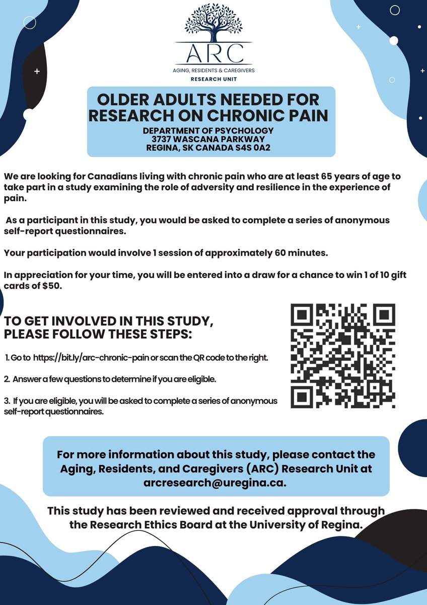 Calling all 65+ Canadians living with #chronicpain!  📢

We need you for our study that examines #adversity and #resilience in older adults living with chronic pain. 

If you fit these criteria, go to bit.ly/arc-chronic-pa… or scan the QRcode.Please feel free to share!