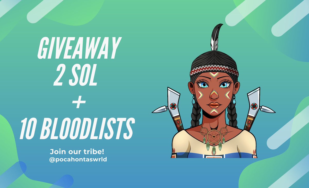 Pocahontas World ๐๐ (@pocahontaswrld) on Twitter photo Our first #SolanaGiveaway ๐
๐ prizes
2x $SOL
10x bloodlist (WL)๐ฉธ
๐rules
โ
follow <a href="/Pocahontaswrld/">Pocahontas World ๐๐</a>
โ
โฅ๏ธ + RT
โ
tag 3+ friends
โณ 72H
Join our tribe!๐น discord.gg/fVpEEkDJ Our first #SolanaGiveaway ๐
๐ prizes
2x $SOL
10x bloodlist (WL)๐ฉธ
๐rules
โ
follow <a href="/Pocahontaswrld/">Pocahontas World ๐๐</a>
โ
โฅ๏ธ + RT
โ
tag 3+ friends
โณ 72H
Join our tribe!๐น discord.gg/fVpEEkDJ