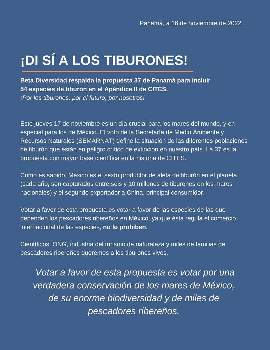 #BetaDiversidad respalda la propuesta 37 de Panamá para incluir 54 especies de #tiburón en el Apéndice II de <a href="/CITES/">CITES</a>

Votar a favor de esta propuesta es votar por una verdadera #conservación de los #MaresDeMéxico, de su enorme #biodiversidad y de miles de pescadores ribereños 🇲🇽🇵🇦