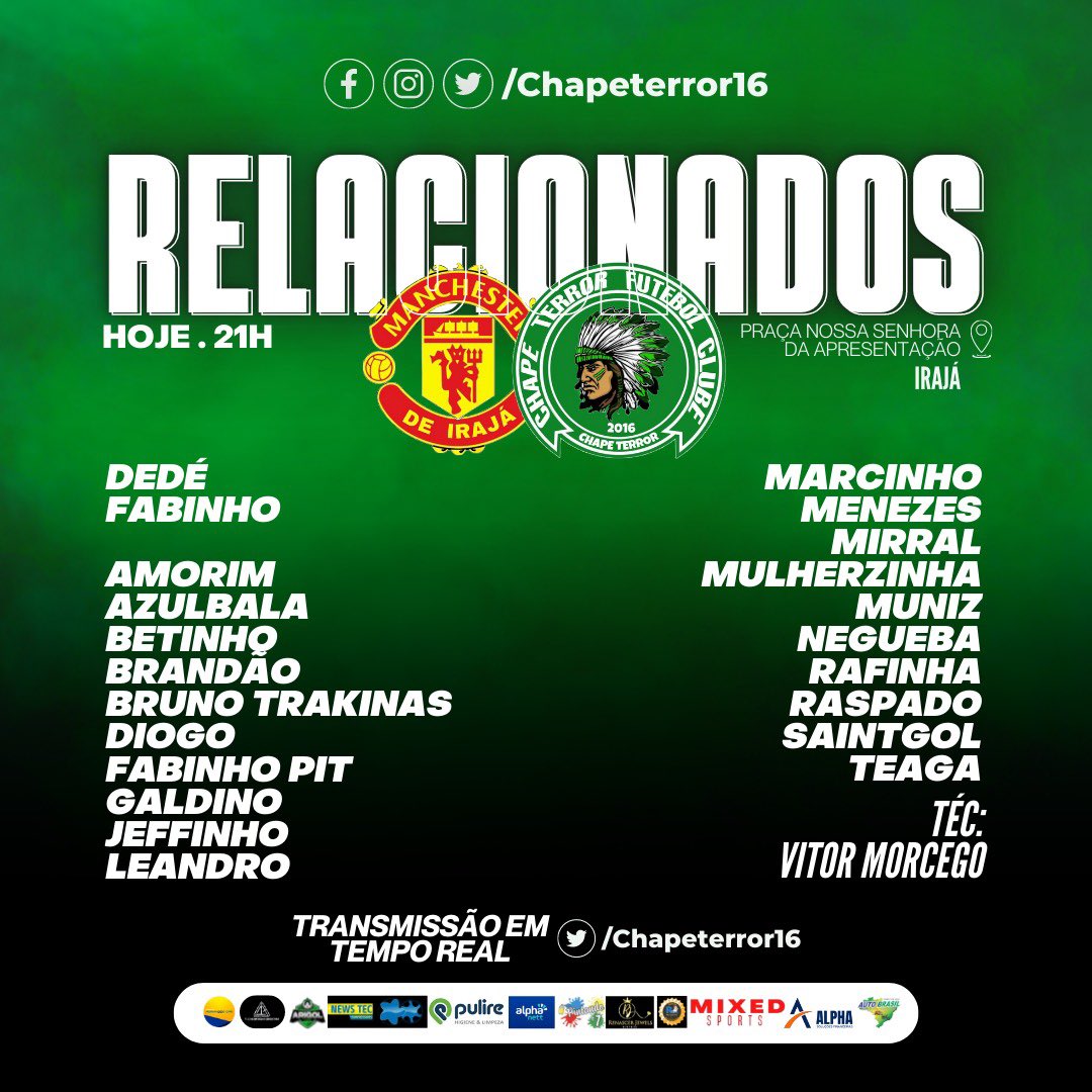 HOJE TEM CHAPE, MEU POVO 💚🤍🖤🦇

Fora de casa e no campo de 11, a Chape visita o Manchester de Irajá hoje (16), às 21h, na Praça da Apresentação, em Irajá. 

Devido a distância, 📱ACOMPANHE tudo pelo TEMPO REAL📱

Seguem os RELACIONADOS para o confronto 💪🏻✍🏻💚🤍🖤🦇
Avante!