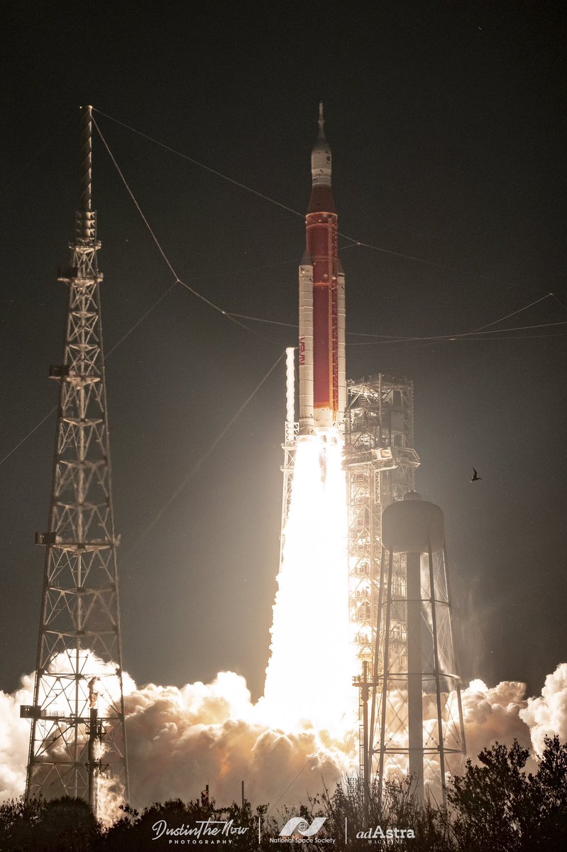dustinthenow's tweet photo. How surreal. 

Early this morning, Orion launched aboard SLS with 8.8 million lbs of thrust. Now Orion is the furthest a human rated spacecraft has been since Apollo 17, about 50 years ago. 

———�� 

📸 by me / for @nss &amp; AdAstra Magazine 

#Artemis #NASA #LaunchPhoto https://t.co/cAySK2dhyH