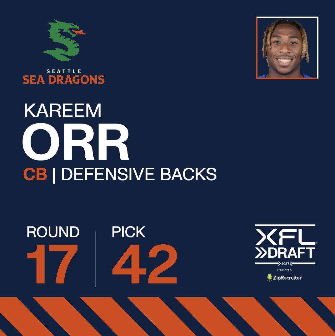 UFLSeaDragons's tweet photo. @XFL2023 @JimHaslett55 @ZipRecruiter The Seattle Sea Dragons select Kareem Orr. #XFLDraft https://t.co/cUDudP3FBK
