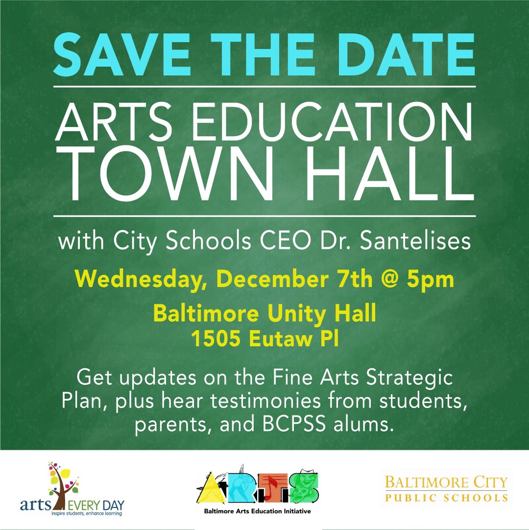 ArtsEveryDay's tweet photo. Arts Advocates! Join us for an Arts Education Town Hall with Dr. Sonja Santelises, CEO of City Schools, from 5pm-7pm!
Reserve your spot today &amp; RSVP here: https://t.co/rMe0NA2MAn

#artseveryday #artsinschools #artsed #artaeducation #baltimorecity #baltimoreart #artfunding https://t.co/TfG8GwcWWa
