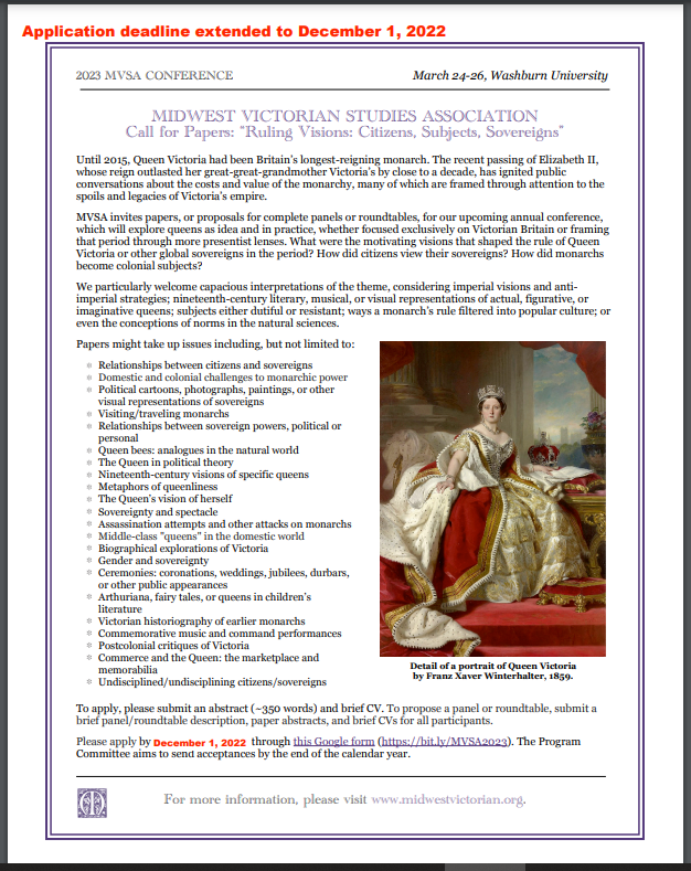 FYI for those interested in the history of the British monarchy and empire (see flyer). You can apply for the conference at the link below. We recommend that you do, because it sounds like this is going to be awesome
bit.ly/MVSA2023  🇬🇧👑🇬🇧👑 <a href="/MVSA_77/">Midwest Victorian</a>