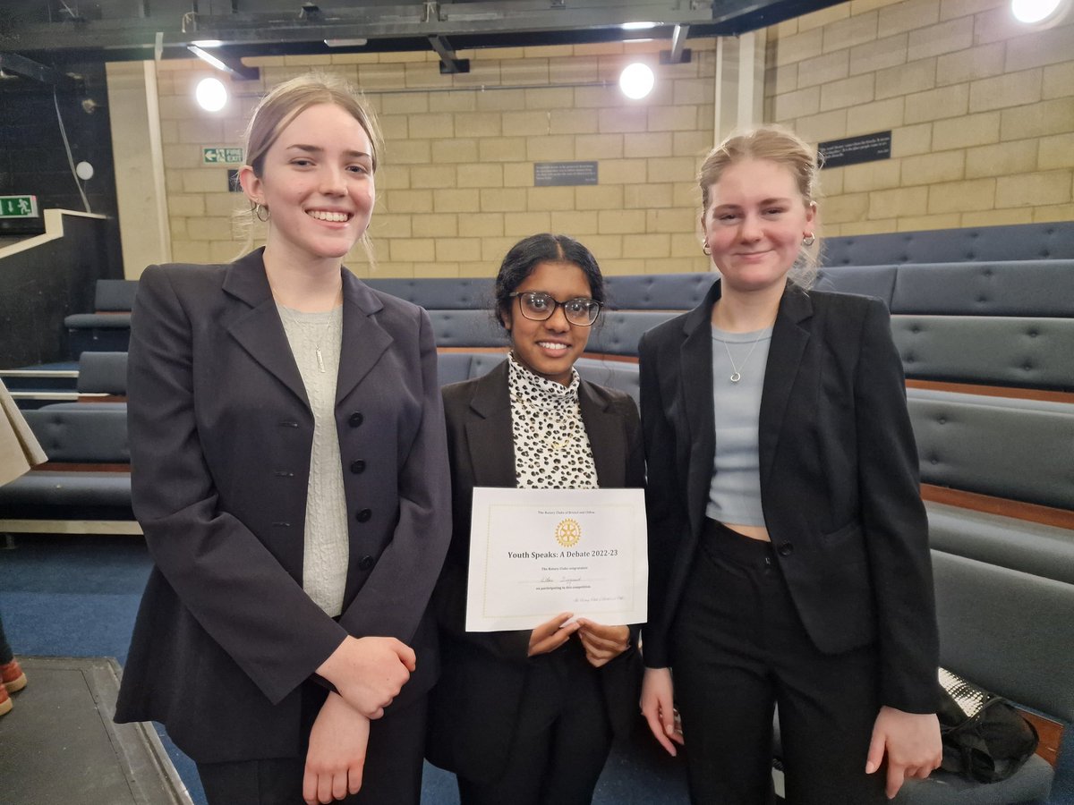 RedmaidsEnglish's tweet photo. Our Year 12 team of Catherine, Mitusha and Ellen, pictured at QEH Theatre after the Bristol Round of the Rotary Youth Speaks competition last night. Their topic "Beauty Pageants Should be Banned" was a critique ofmodern beauty standards - were one of the close runners up! 👏 https://t.co/K5e6TRVGnp