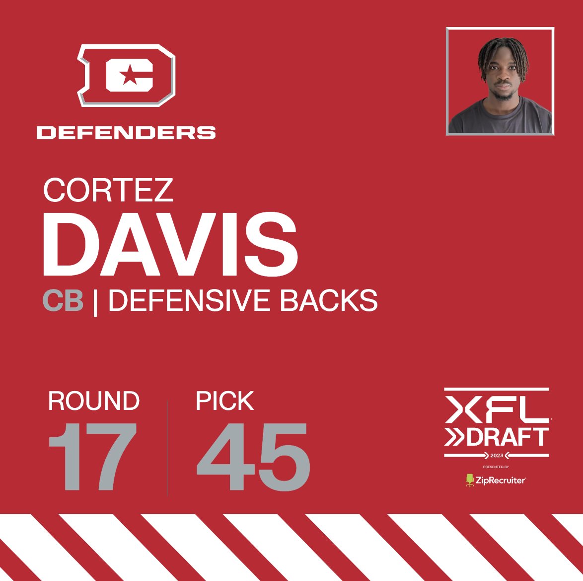 UFLDefenders's tweet photo. @XFL2023 Our 17th pick is Cortez Davis, CB Hawaii 🌴 https://t.co/iZ69NWSDkf