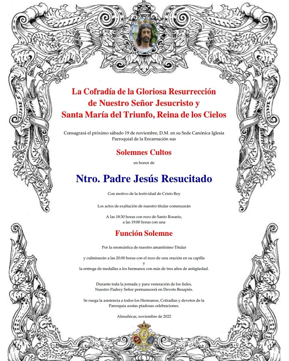 Cfrd_Resucitado's tweet image. 💙🤍CRISTO REY💙🤍

Este sábado celebramos los cultos se Ntro. Padre Jesús Resucitado con motivo de la festividad de cristo rey.

Rogamos la asistencia de todos los hermanos para vivir nuestra fe cerca de nuestros sagrados titulares.