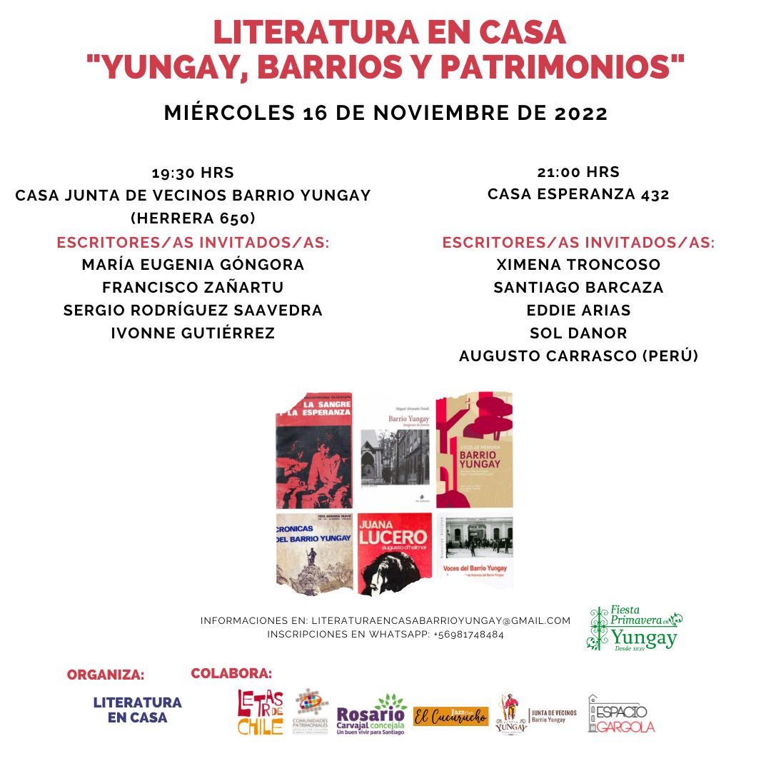 Literatura en casa
Lecturas literarias de escritores y escritoras, en casas de Barrio Yungay 
Fiesta <a href="/PrimaveraYungay/">Primavera en Yungay</a> 2022.