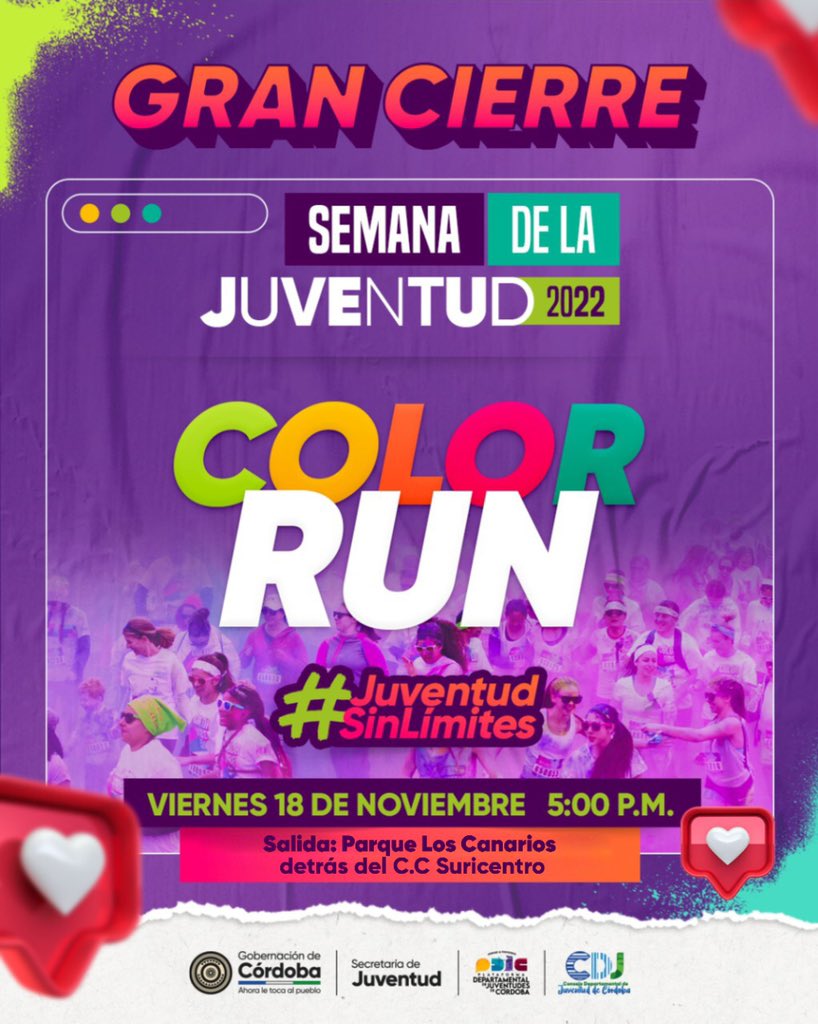 secjuventudc's tweet photo. 👋🏼 ¡HEY! Vamos a cerrar con broche de oro la Semana de la Juventud 2022 🥰💜 

Únete al Color Run #JuventudSinLímites, un evento sin precedentes y con muchas sorpresas 🎉 

Solo debes tener lista una camiseta blanca para participar ¡Así que a calentar motores! 🏃🔥🏃🏽‍♀️ https://t.co/6ywjmga0Oy