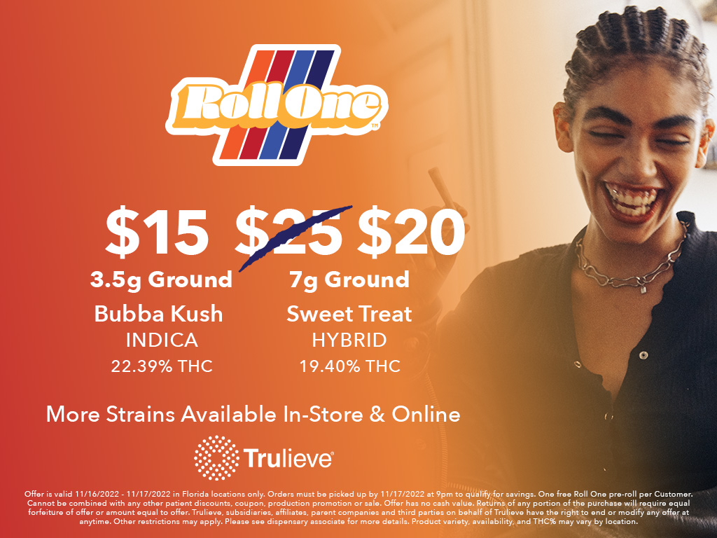 Trulieve's tweet photo. ๐จRoll One? How about rolling two or three?๐ฅGet your favorite Roll One ground options for less and keep those wheels turning all week.
#Trulieve #Rollone #Cannabis #GroundFlower #Kush https://t.co/gyMhBJsu95