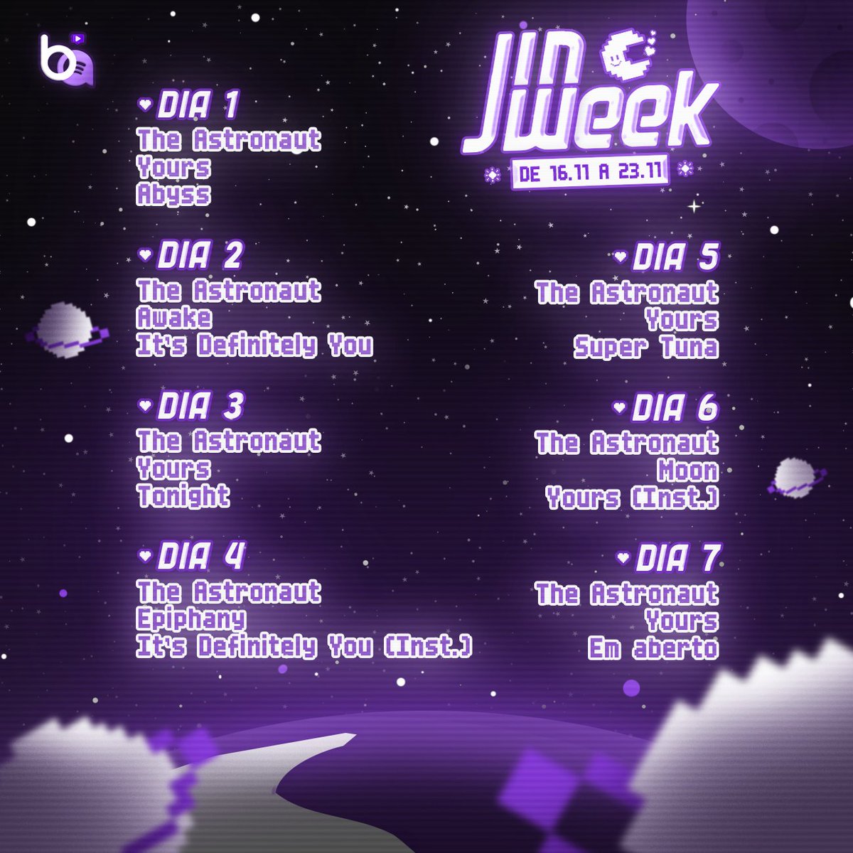 hopoetlusp's tweet photo. ☆ . . . Ei armys! Vocês ficaram sabendo que hoje às 21h (🇧🇷) começa a JINWEEK? a jinweek será uma semana inteira dedicada a playlists com foco em subir os solos do jin no spotify charts brasil. 

- começa dia 16/11 e termina 23/11, mais informações no perfil @BARMYSTREAM https://t.co/tRrEVc91EO