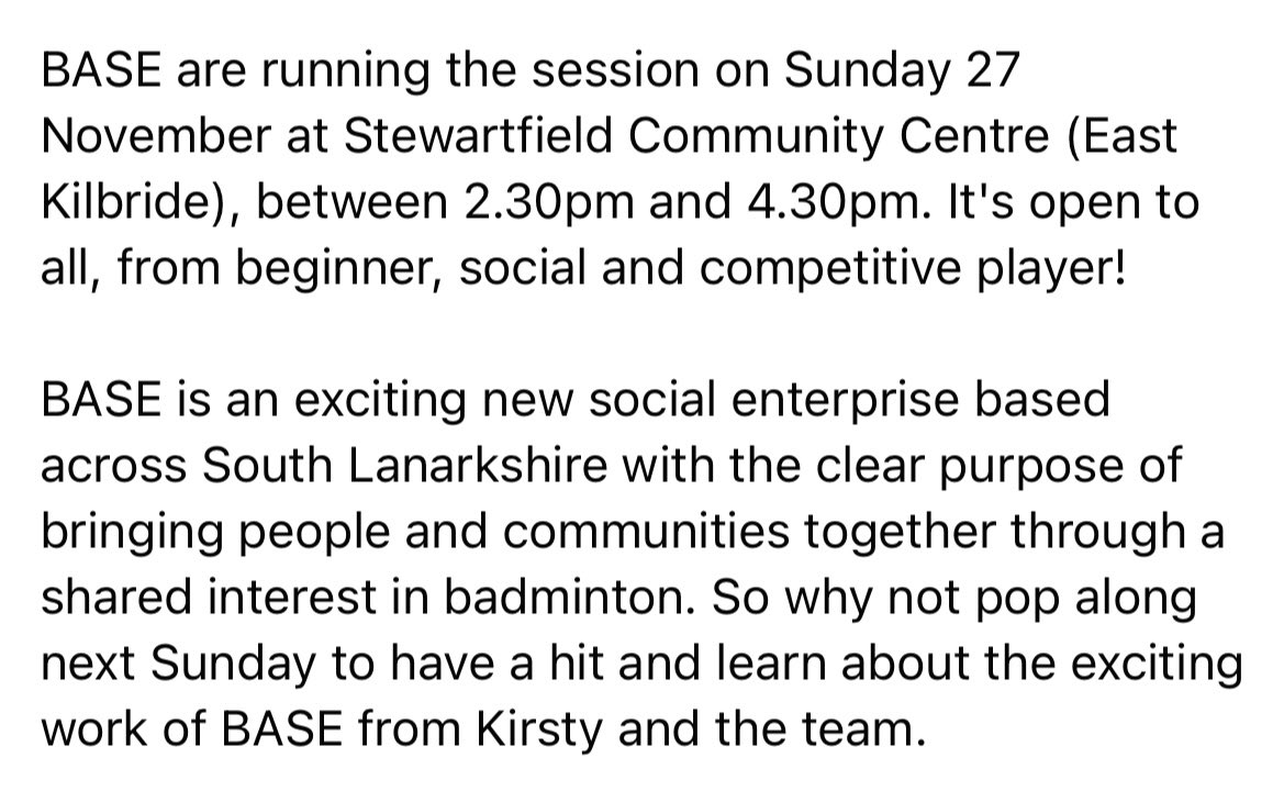 LangsideLeague's tweet photo. Fancy a taster session of badminton with Scottish badminton legend, @KirstyGilmourr ? 👀🏸

More info about BASE can be found on their website: https://t.co/8mF2d8OZTk 

@BadmintonScot 
@SBUWestRDO https://t.co/CDR5fl9O73